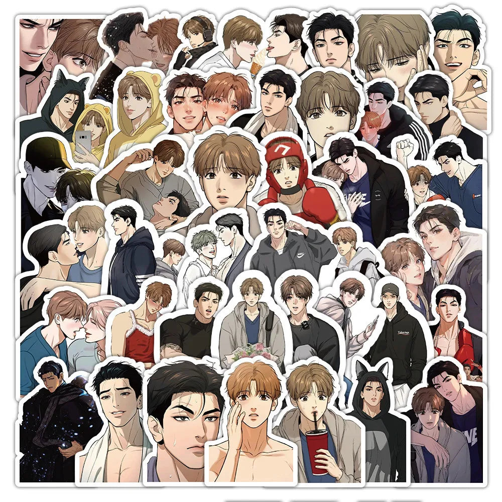 Pack de 53 pegatinas de anime (temática BL/Boys' Love) resistentes al agua; ideales para cascos, bicicletas, diarios, estuches y más.