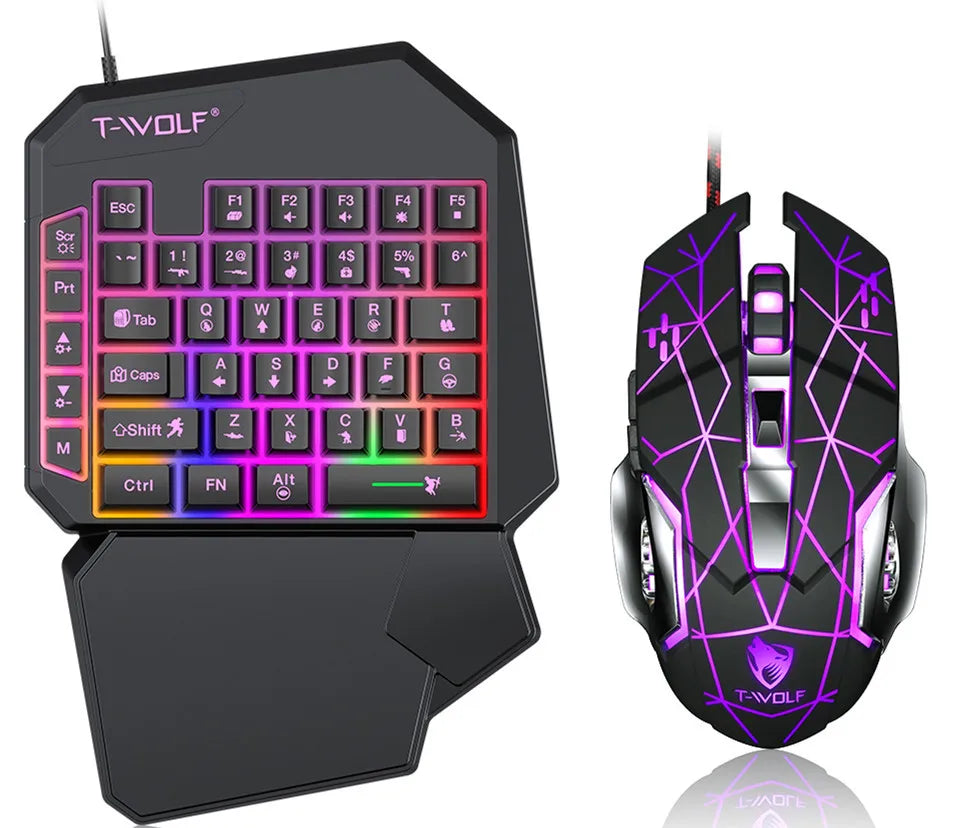 Combo 5 en 1 de teclado y ratón gaming RGB con convertidor para mando de una mano; conexión por cable y baja latencia para PUBG Mobile (Android, iOS y PC).