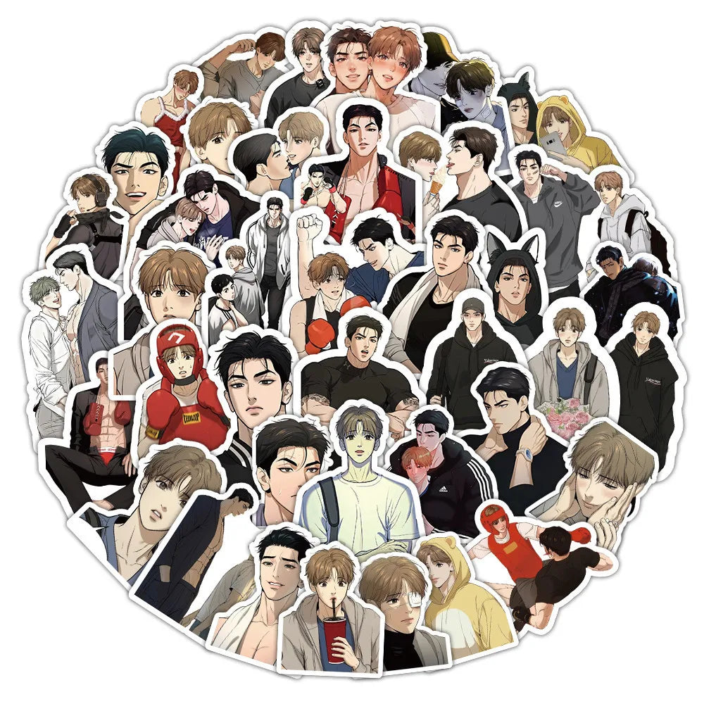 Pack de 53 pegatinas de anime (temática BL/Boys' Love) resistentes al agua; ideales para cascos, bicicletas, diarios, estuches y más.