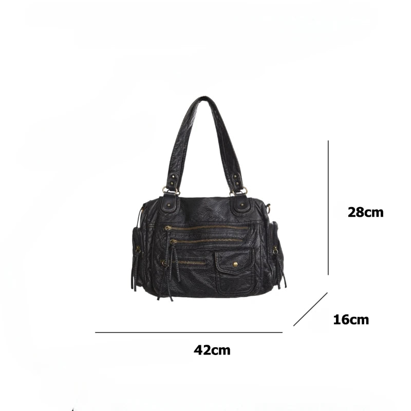 Bolso de hombro, tendencia retro Y2K, de gran capacidad y acabado lavado con efecto desgastado.