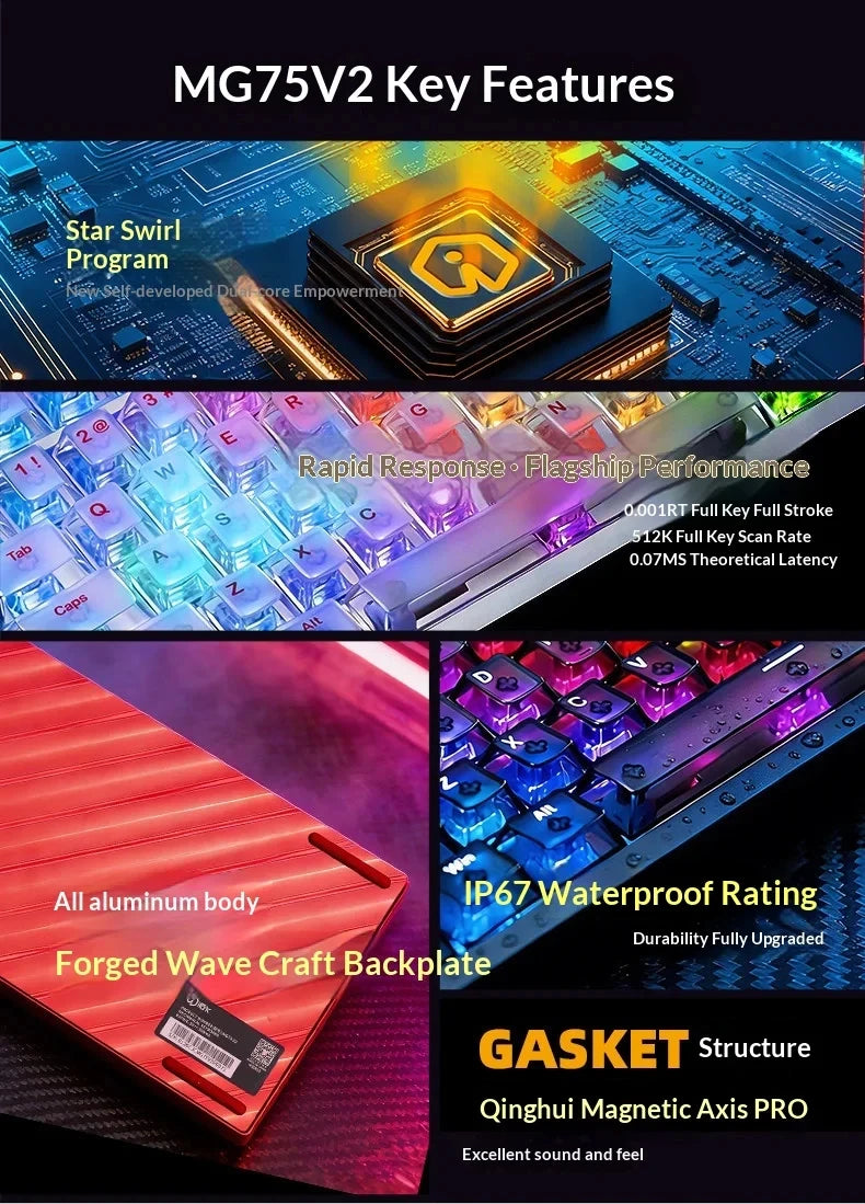 Teclado mecánico para juegos IROK MG75 PRO / MG75 Max con interruptores magnéticos, tiempo de respuesta de 0,125 ms, tasa de sondeo de 8K, precisión de 0,001 mm (RT), estructura de aluminio, iluminación RGB, función Hot-Swap y conexión por cable.