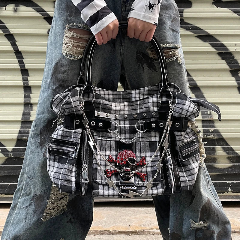 Bolso de hombro rosa a cuadros estilo Y2K; bolso de mano de gran capacidad estilo Harajuku; maletín de lona moderno y original tipo tote punk.