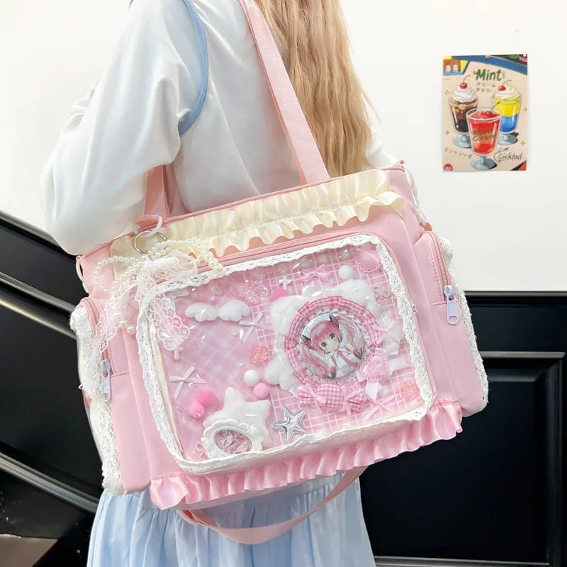 Bolso estilo japonés Y2K tipo "Ita Bag" Lolita: bolso de hombro transparente de gran capacidad, convertible en bandolera casual.