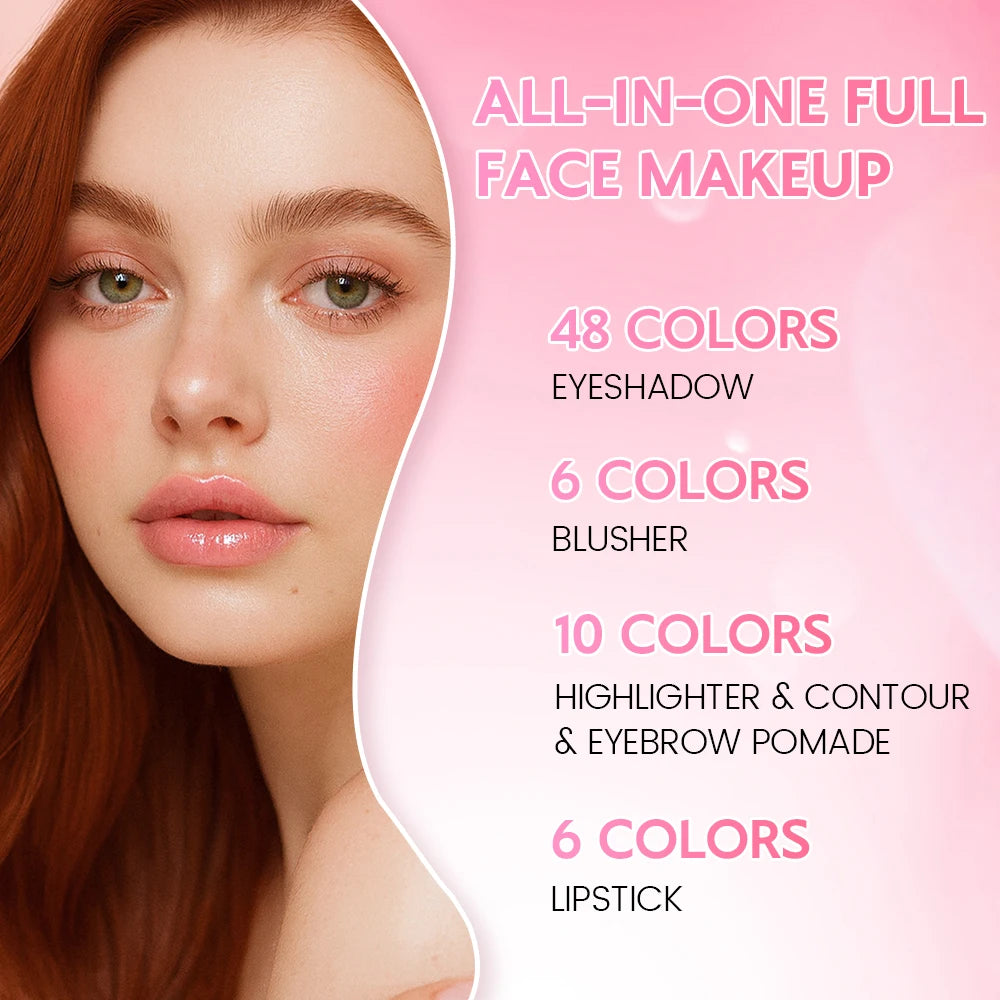Paleta de maquillaje tipo libro «todo en uno» de 5 niveles: kit completo con 48 sombras de ojos, 6 coloretes, productos para contorno, iluminador y pomada para cejas, además de 6 labiales.