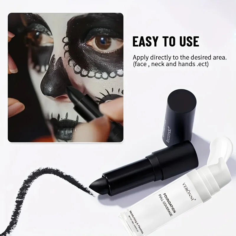 Set de maquillaje de Halloween con base líquida blanca y labial negro; apto para adultos, acabado mate y de larga duración para todo tipo de piel.