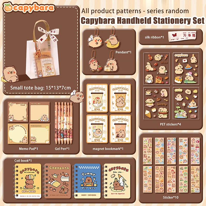 Nuevo set de papelería Kawaii de carpincho: incluye un bolso adorable con diseño de dibujos animados y artículos de papelería; ideal para oficina, estudiantes o como regalo de cumpleaños.