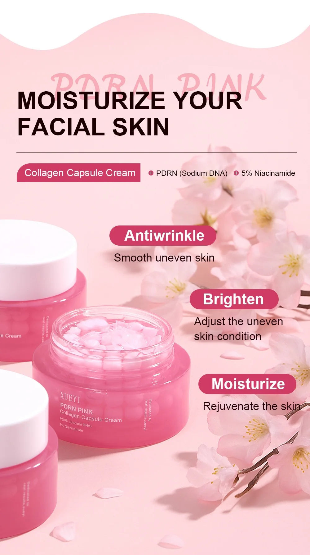 Crema coreana en cápsulas de colágeno rosa y PDRN con niacinamida para tono de piel desigual; hidratante facial ligero y no graso.