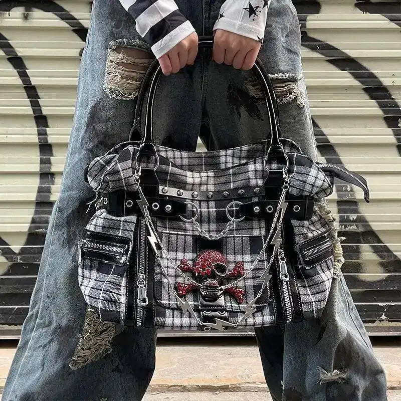 Bolso de hombro rosa a cuadros estilo Y2K; bolso de mano de gran capacidad estilo Harajuku; maletín de lona moderno y original tipo tote punk.