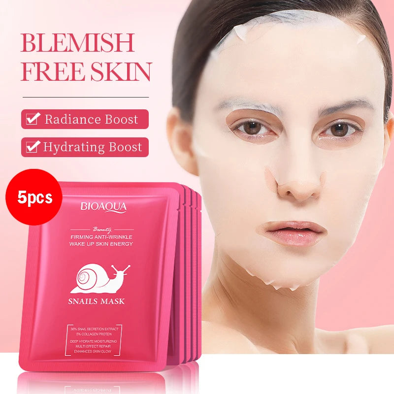 Pack de 5/10 mascarillas faciales BIOAQUA con baba de caracol, ácido hialurónico y retinol; hidratantes y reafirmantes para el cuidado de la piel del rostro.