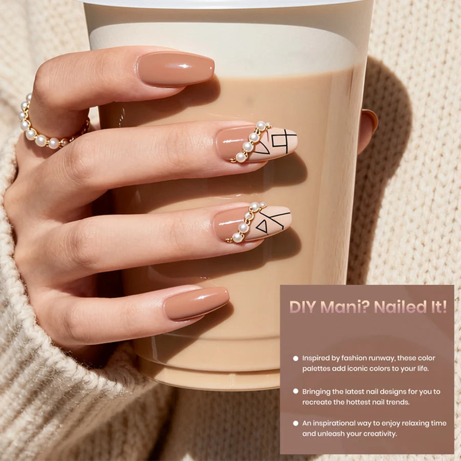 Set de 6 esmaltes de uñas en gel (tonos populares tipo "té con leche"), compatibles con lámpara UV/LED; ideales para nail art, fáciles de aplicar y de retirar (soak-off), aptos para manicura casera o uso en salón.