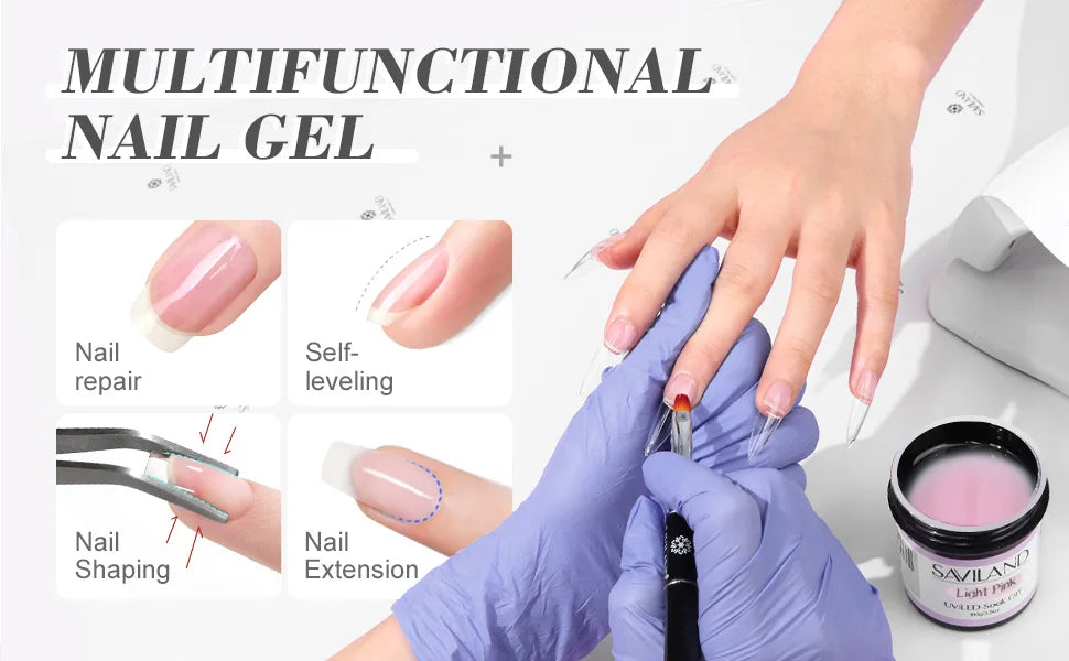 Saviland - Gel constructor de uñas de 100 g (tonos blanco, nude y rosa) para extensión de uñas; gel multifuncional para arte de uñas, tipo Soak-Off (remoción con remojo), curado UV, apto para salón y uso doméstico.