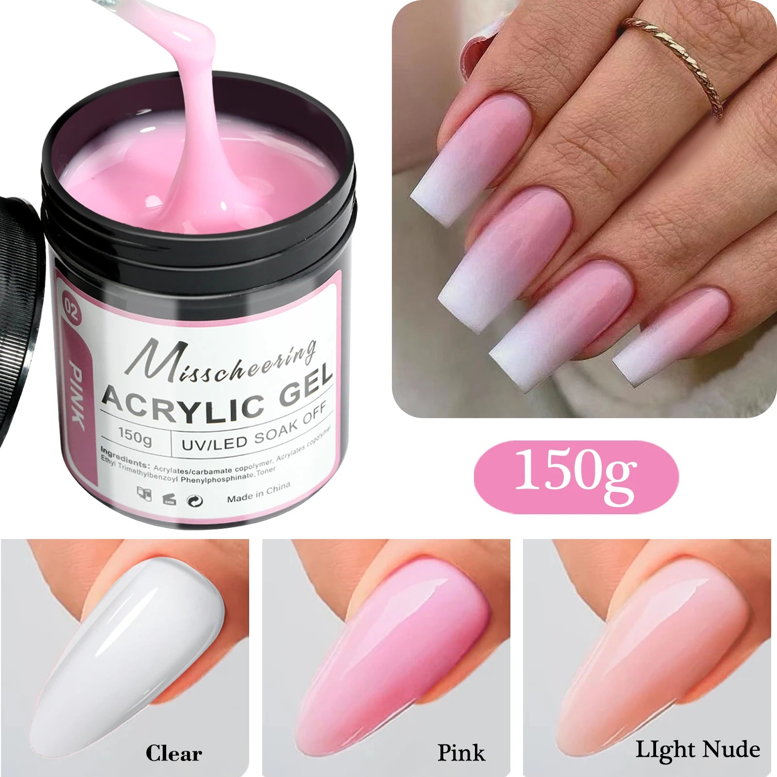 Set de 2 o 3 tarros de gel de poliacrílico (Poly Gel) para uñas: gel constructor de secado UV/LED en tonos nude claro, rosa y transparente; geles sólidos para extensiones de uñas, ideales para uso doméstico o en salón.