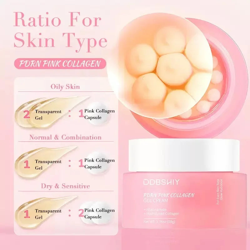Crema coreana en cápsulas de colágeno rosa y PDRN con niacinamida para tono de piel desigual; hidratante facial ligero y no graso.