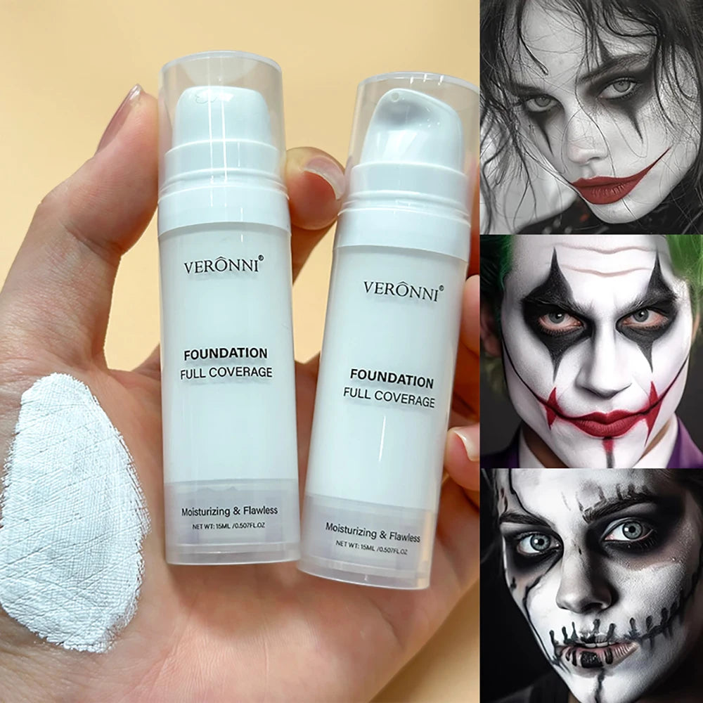 Base de maquillaje profesional blanca mate de alta cobertura; fórmula pura y luminosa ideal para cosplay y maquillaje gótico.