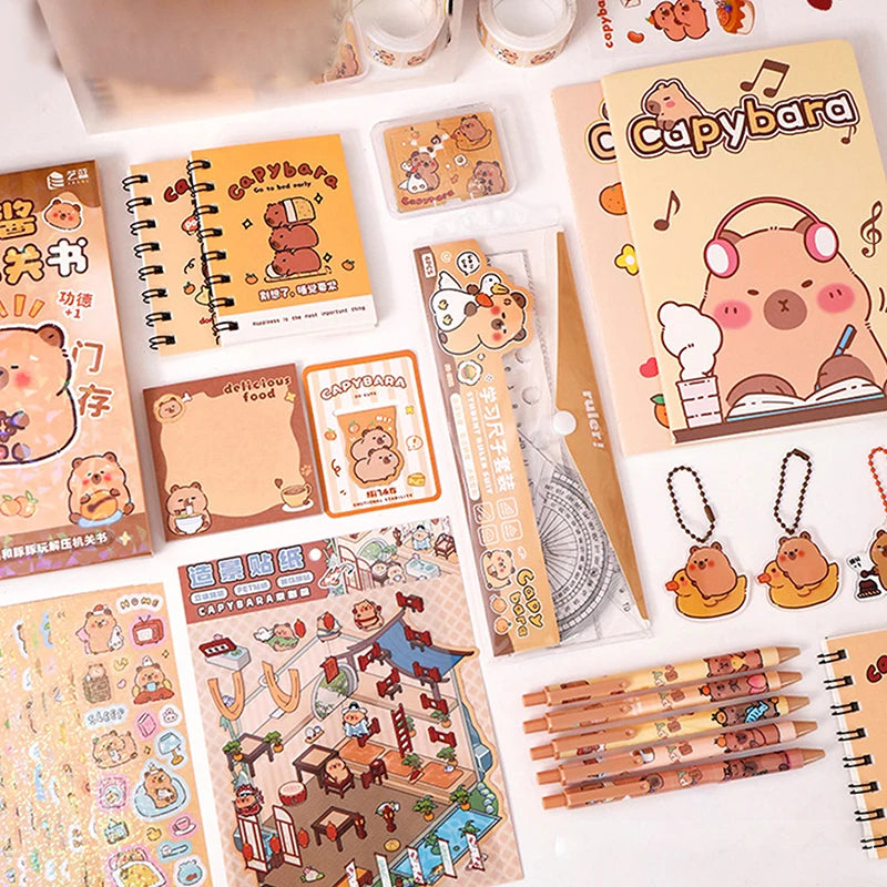 Nuevo set de papelería Kawaii de carpincho: incluye un bolso adorable con diseño de dibujos animados y artículos de papelería; ideal para oficina, estudiantes o como regalo de cumpleaños.