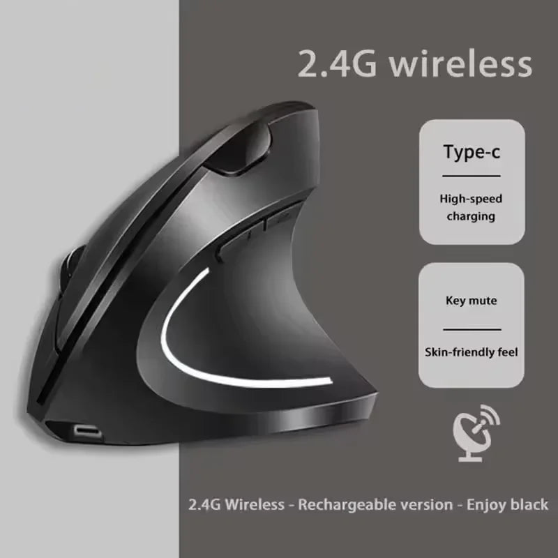 Nuevo ratón vertical inalámbrico recargable (Bluetooth y 2,4 GHz) con diseño ergonómico, agarre lateral personalizado y botones silenciosos; apto para gaming y PC