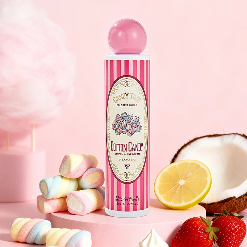 Perfume árabe Dubai Gourmand (168 ml): fragancia fresca y duradera para mujer con notas de coco, pastel de fresa, algodón de azúcar y frutas; formato en spray portátil.