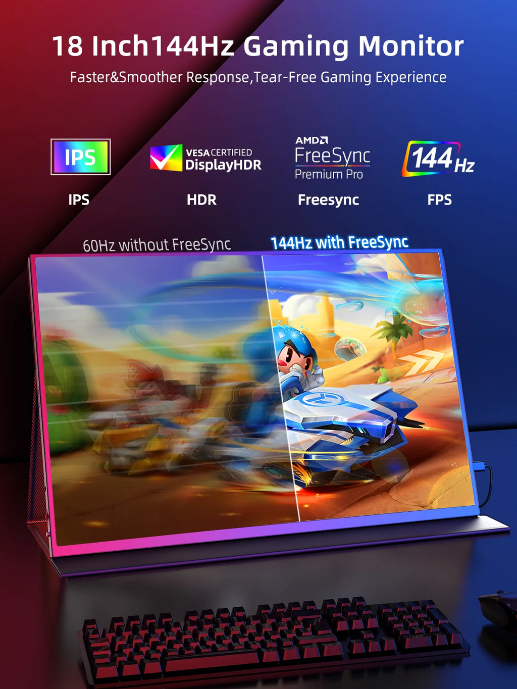 Monitor portátil UPERFECT de 18 pulgadas, 2.5K, 100% DCI-P3, 144 Hz, pantalla gaming con panel IPS LCD mate, FreeSync, HDR y compatibilidad VESA.