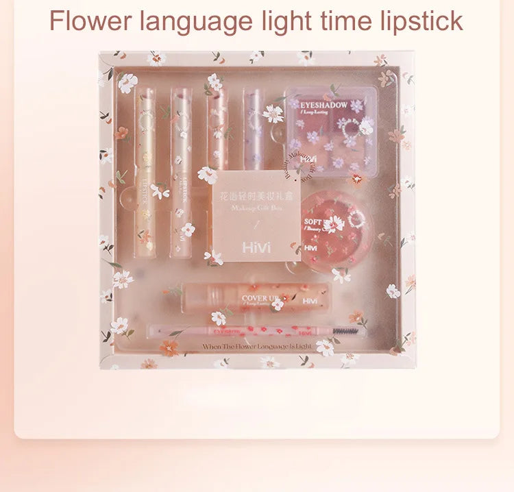 Set de belleza de 8 piezas con labial, corrector, sombra de ojos, producto para cejas y rubor.