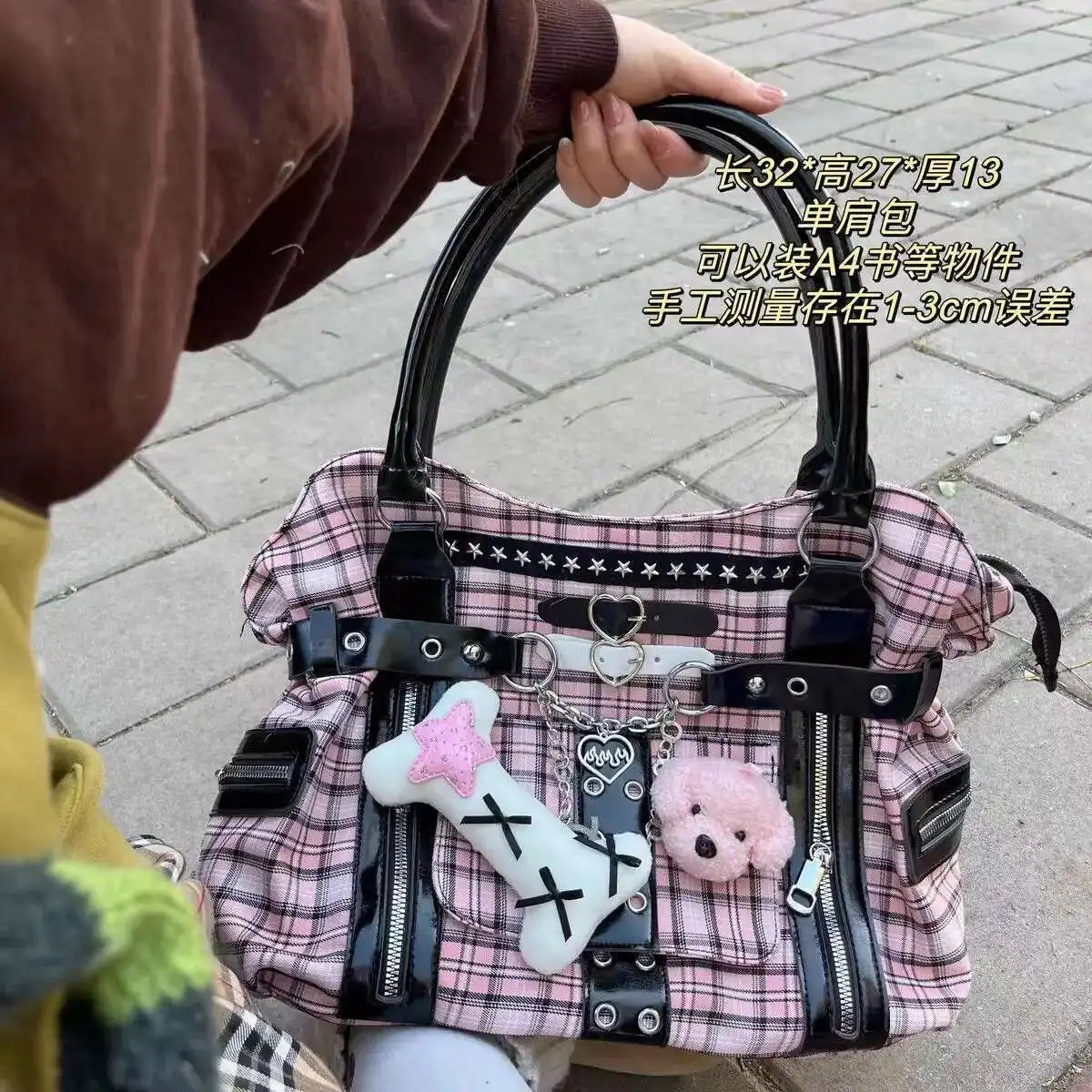 Bolso de hombro rosa a cuadros estilo Y2K; bolso de mano de gran capacidad estilo Harajuku; maletín de lona moderno y original tipo tote punk.