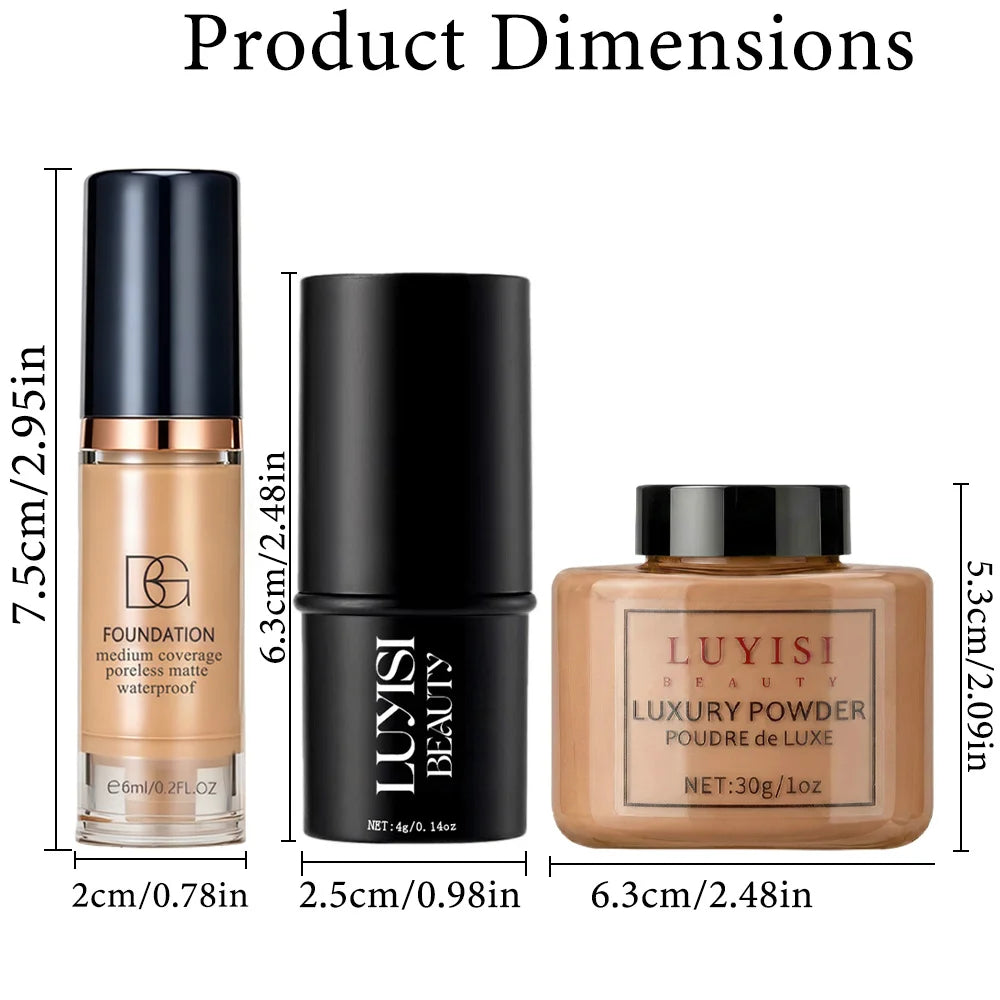 Set de maquillaje facial: 1 base mate, 1 barra de contorno y 1 polvo matificante (control de grasa); cobertura total, resistente al agua y al sudor.