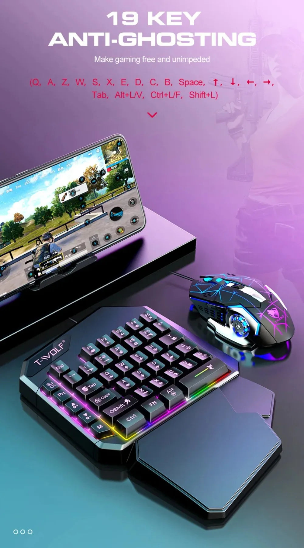 Combo 5 en 1 de teclado y ratón gaming RGB con convertidor para mando de una mano; conexión por cable y baja latencia para PUBG Mobile (Android, iOS y PC).