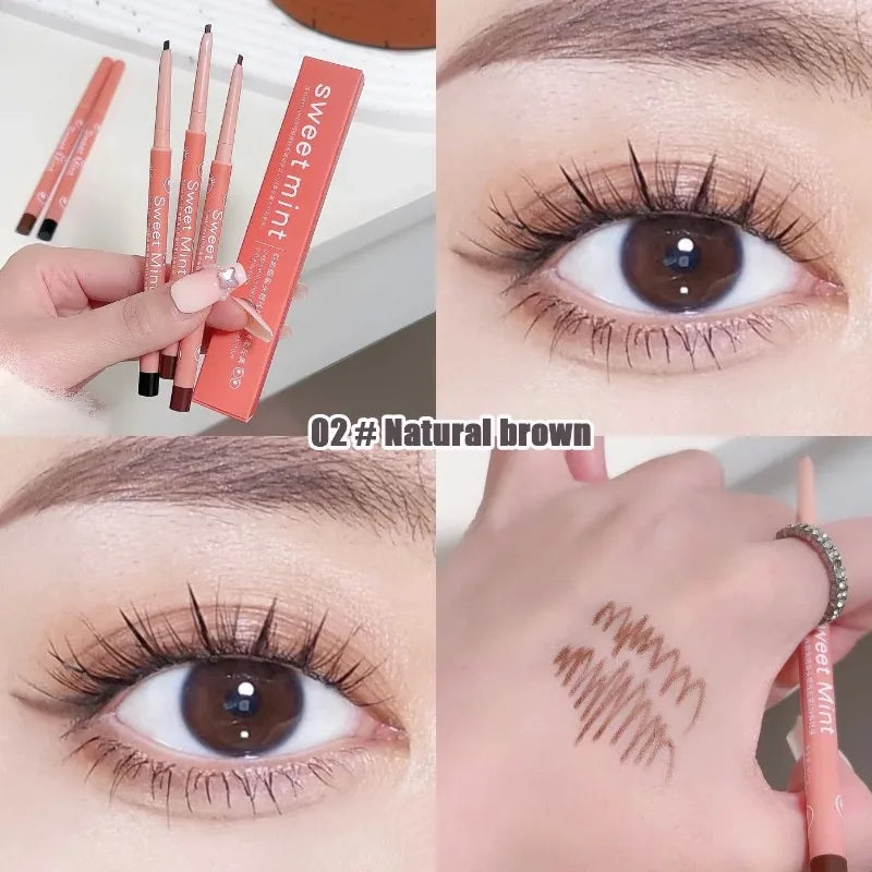 Lápiz delineador de ojos (tonos marrón rojizo y marrón negruzco), resistente al agua, de larga duración y acabado mate; barra multifunción para sombra de ojos, contorno y maquillaje de efecto "ojos sonrientes" (lying silkworm); fácil aplicación.