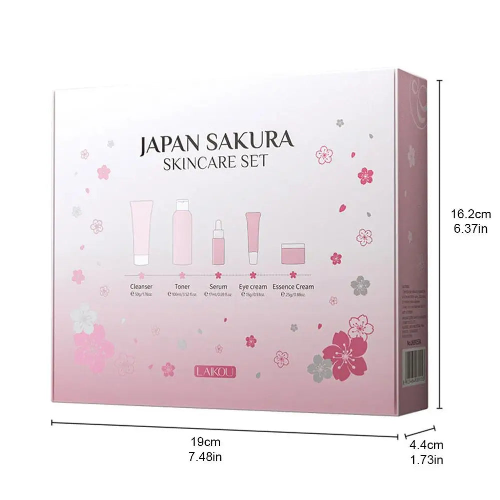 Set de 3 o 5 piezas para el cuidado de la piel con extracto de Sakura: incluye crema facial, sérum, tónico, limpiador facial, protector solar y crema para el contorno de ojos; presentado en caja de regalo.
