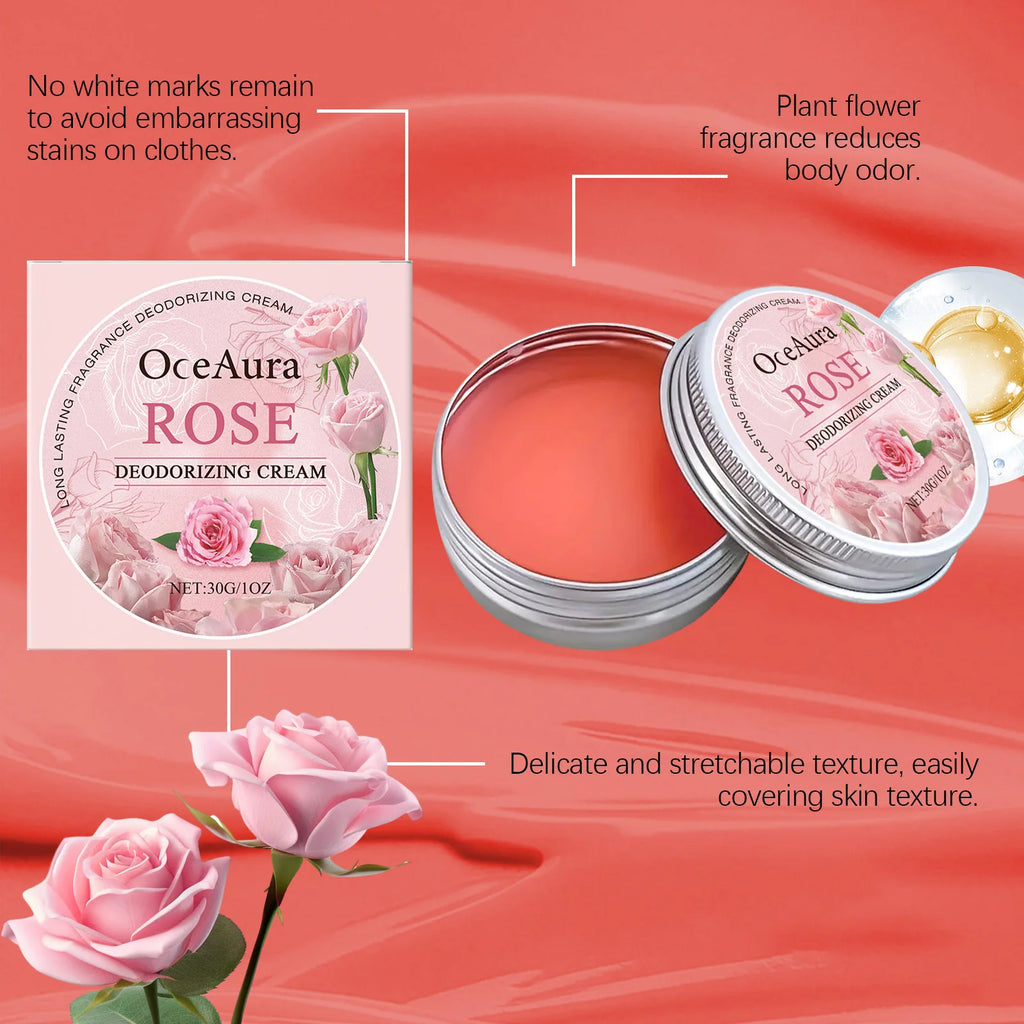 Crema corporal desodorante de rosas: elimina el olor, reduce la transpiración y neutraliza el mal olor de las axilas; ofrece un aroma duradero y una fragancia refrescante y encantadora.