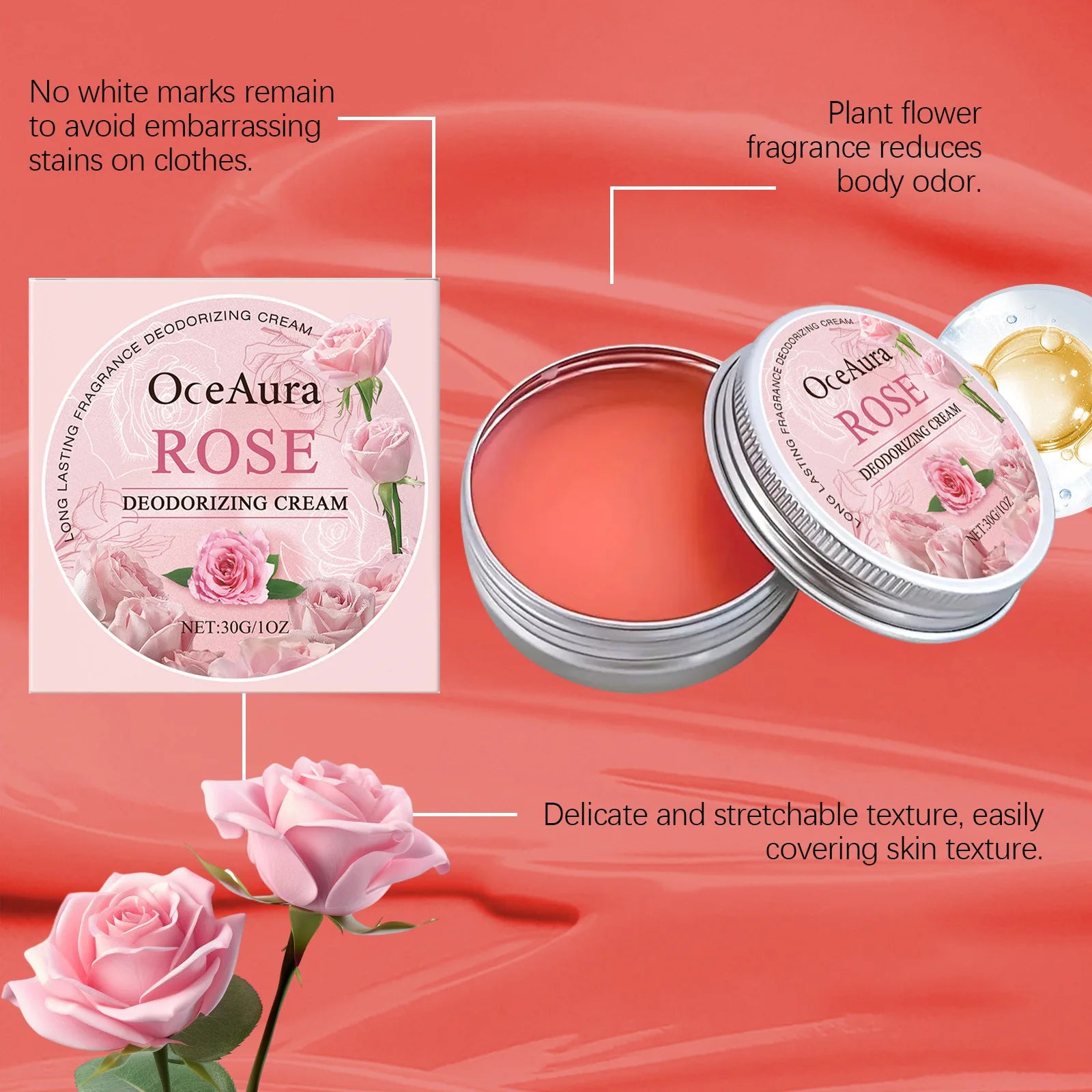 Crema corporal desodorante de rosas: elimina el olor, reduce la transpiración y neutraliza el mal olor de las axilas; ofrece un aroma duradero y una fragancia refrescante y encantadora.