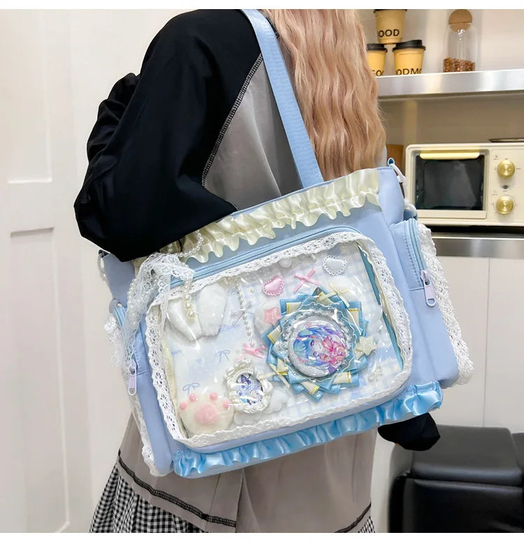 Bolso estilo japonés Y2K tipo "Ita Bag" Lolita: bolso de hombro transparente de gran capacidad, convertible en bandolera casual.