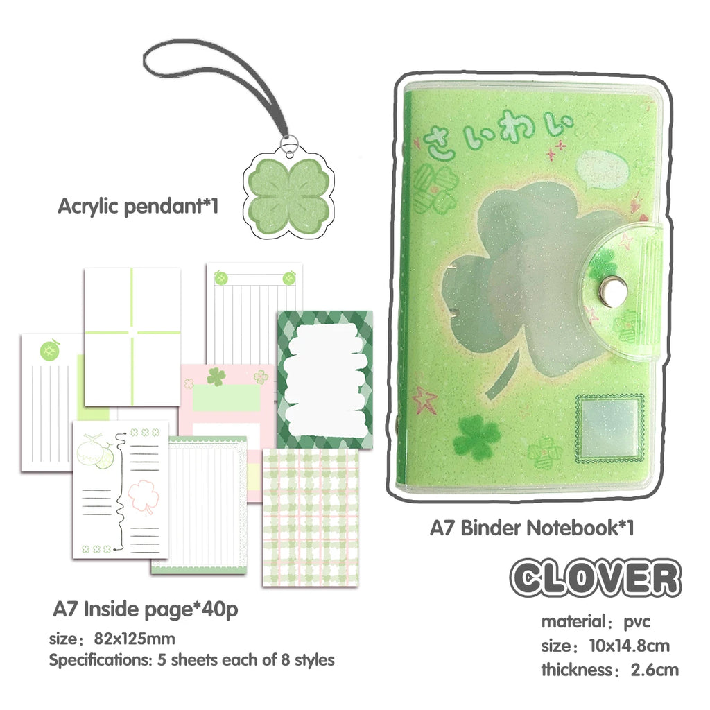 Carpeta WAKAWAKA tamaño A7 con diseño de trébol de cuatro hojas y chica; cuaderno de hojas intercambiables con cubierta de PVC brillante, incluye bolsillo para almacenamiento de pegatinas; portátil.