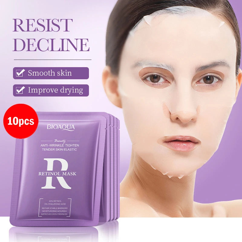 Pack de 5/10 mascarillas faciales BIOAQUA con baba de caracol, ácido hialurónico y retinol; hidratantes y reafirmantes para el cuidado de la piel del rostro.