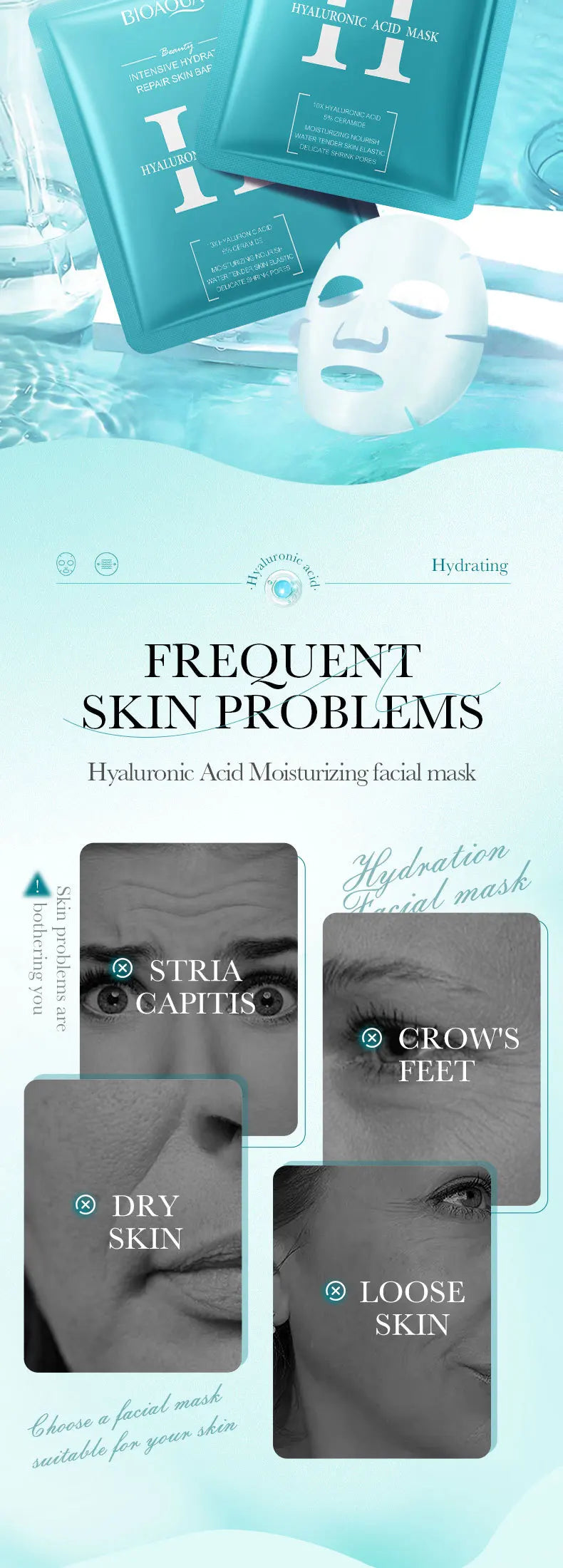 Pack de 5/10 mascarillas faciales BIOAQUA con baba de caracol, ácido hialurónico y retinol; hidratantes y reafirmantes para el cuidado de la piel del rostro.
