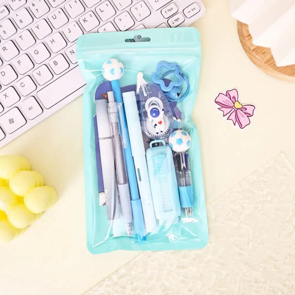 Kit de regalo de papelería escolar con temática de dibujos animados: incluye bolígrafos de 6 colores, notas adhesivas, goma de borrar y estuche de gran capacidad.