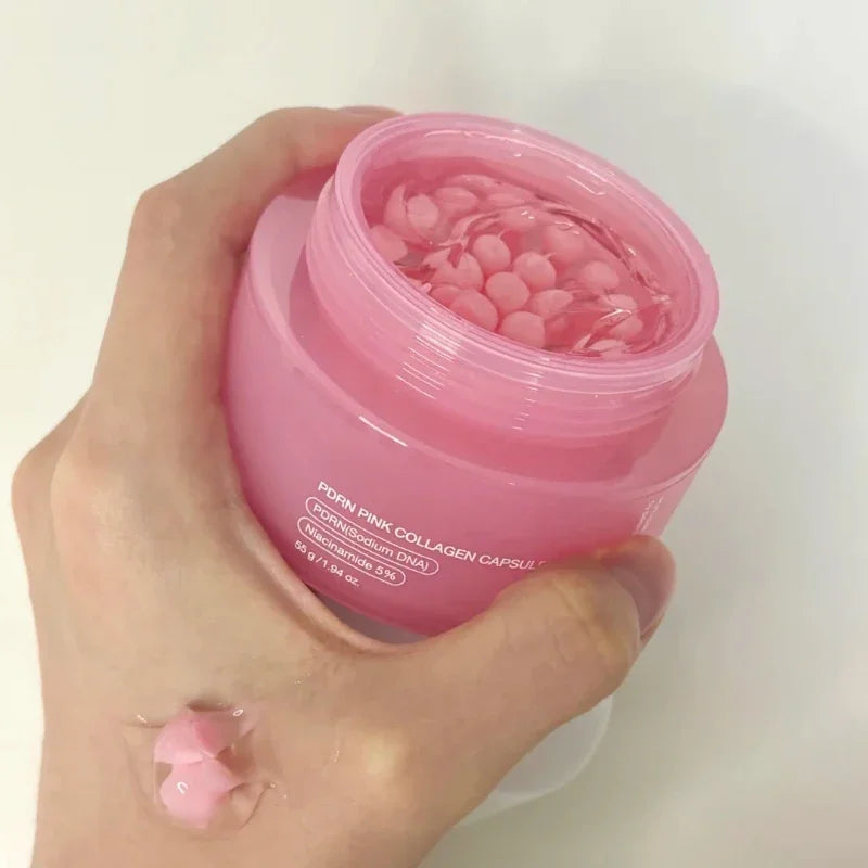 Crema coreana en cápsulas de colágeno rosa y PDRN con niacinamida para tono de piel desigual; hidratante facial ligero y no graso.