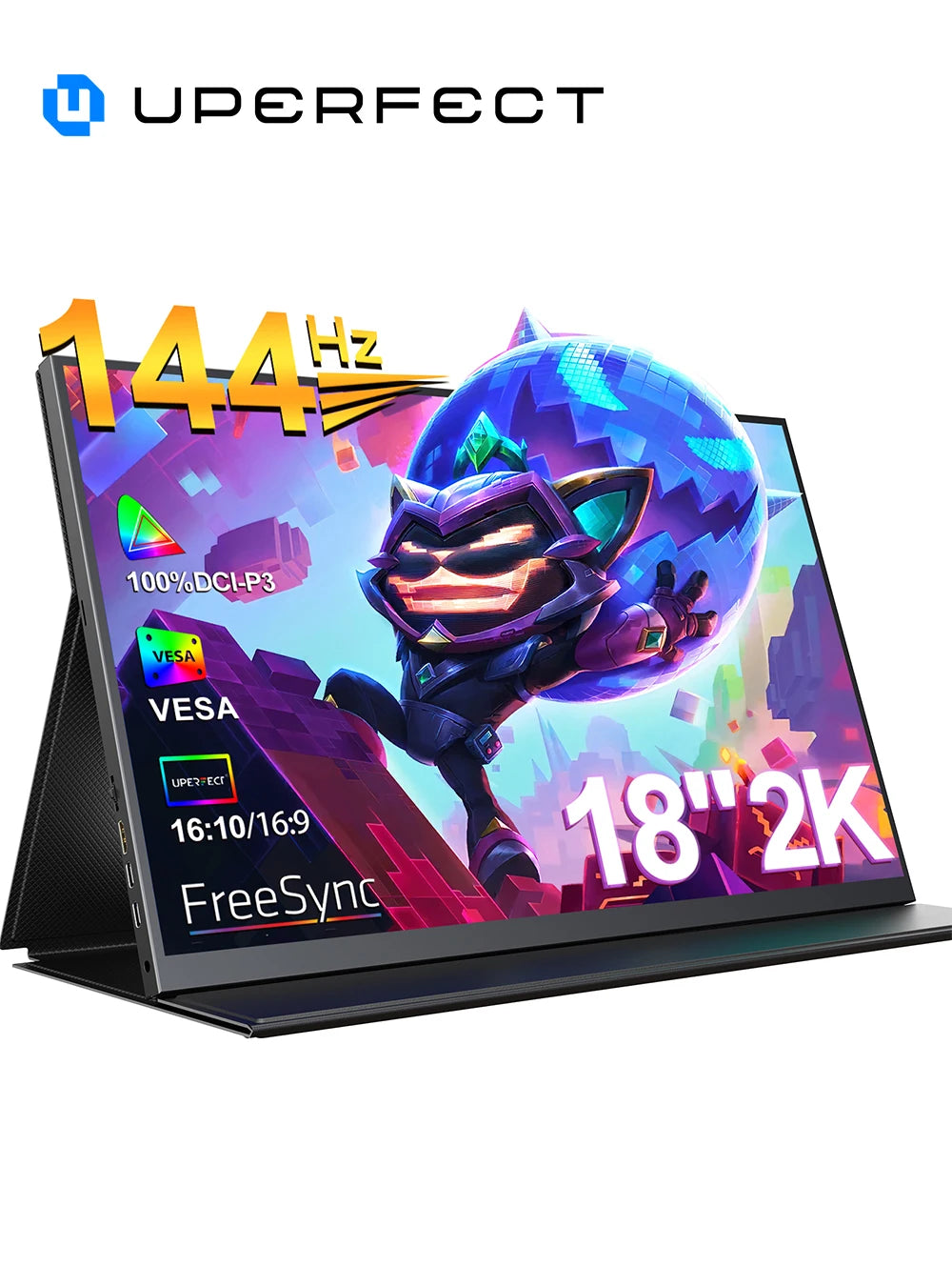 Monitor portátil UPERFECT de 18 pulgadas, 2.5K, 100% DCI-P3, 144 Hz, pantalla gaming con panel IPS LCD mate, FreeSync, HDR y compatibilidad VESA.