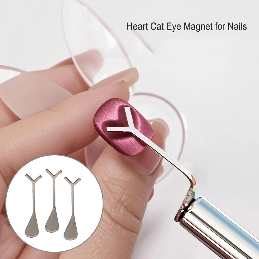 Juego de 2 o 3 imanes para uñas con efecto ojo de gato y forma de corazón (incluye varita magnética en forma de Y y cilíndrica) para crear diseños de manicura estilo francés y corazones con efecto ojo de gato.