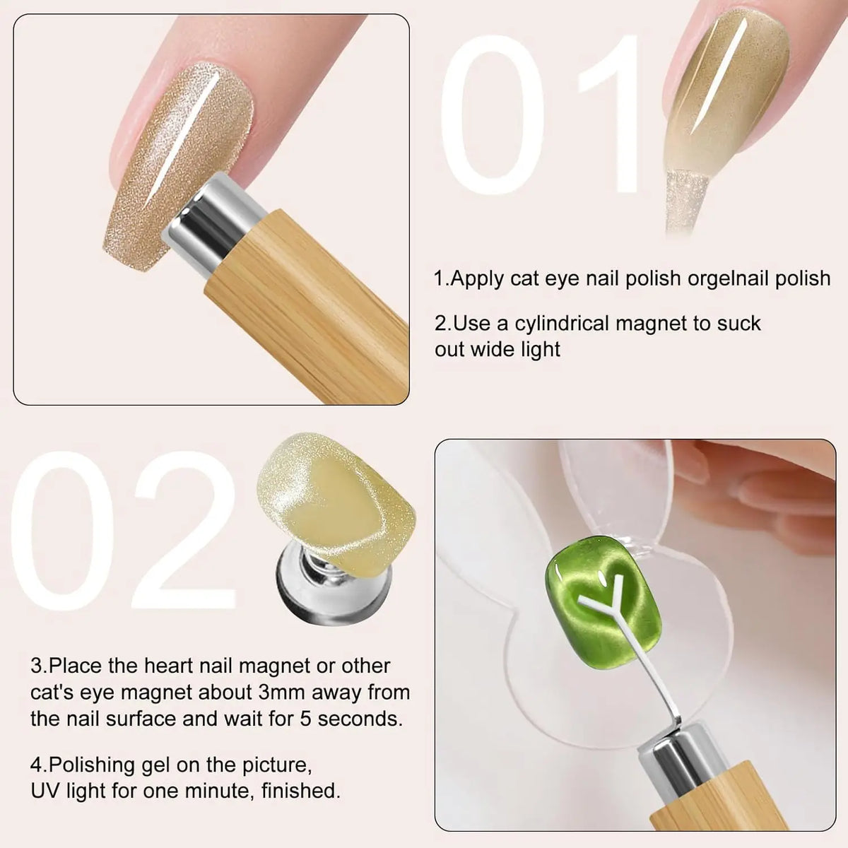 Juego de 2 o 3 imanes para uñas con efecto ojo de gato y forma de corazón (incluye varita magnética en forma de Y y cilíndrica) para crear diseños de manicura estilo francés y corazones con efecto ojo de gato.