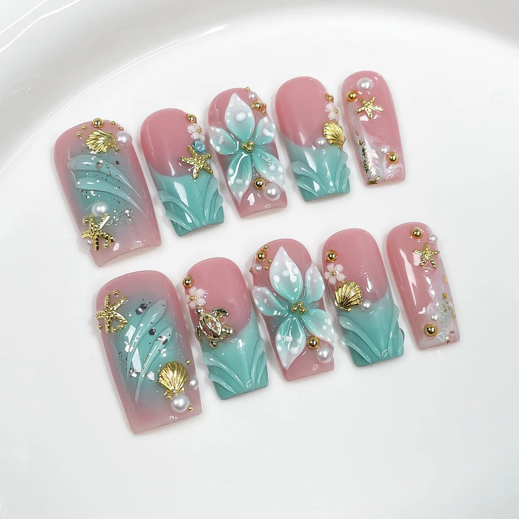 10 piezas de uñas postizas francesas hechas a mano con flores verdes 3D, uñas postizas adhesivas para usar, uñas postizas