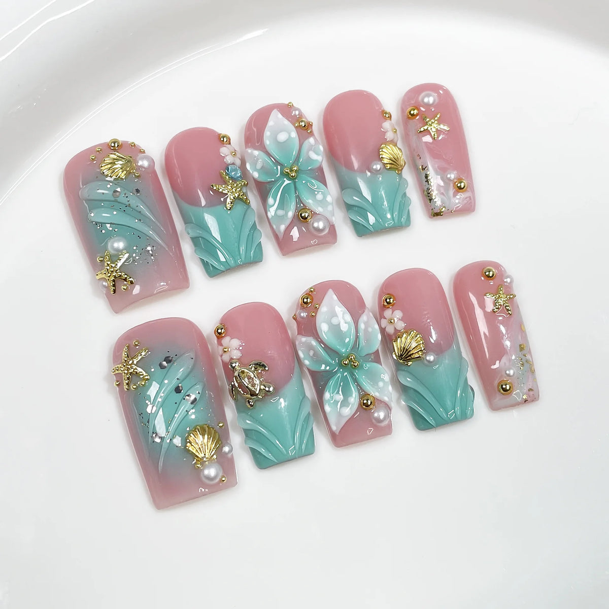 10 piezas de uñas postizas francesas hechas a mano con flores verdes 3D, uñas postizas adhesivas para usar, uñas postizas