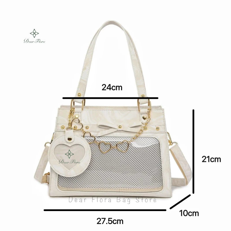 Bolso de hombro vintage estilo Y2K para mujer, tipo Ita Bag con bolsillo transparente, con lazo.