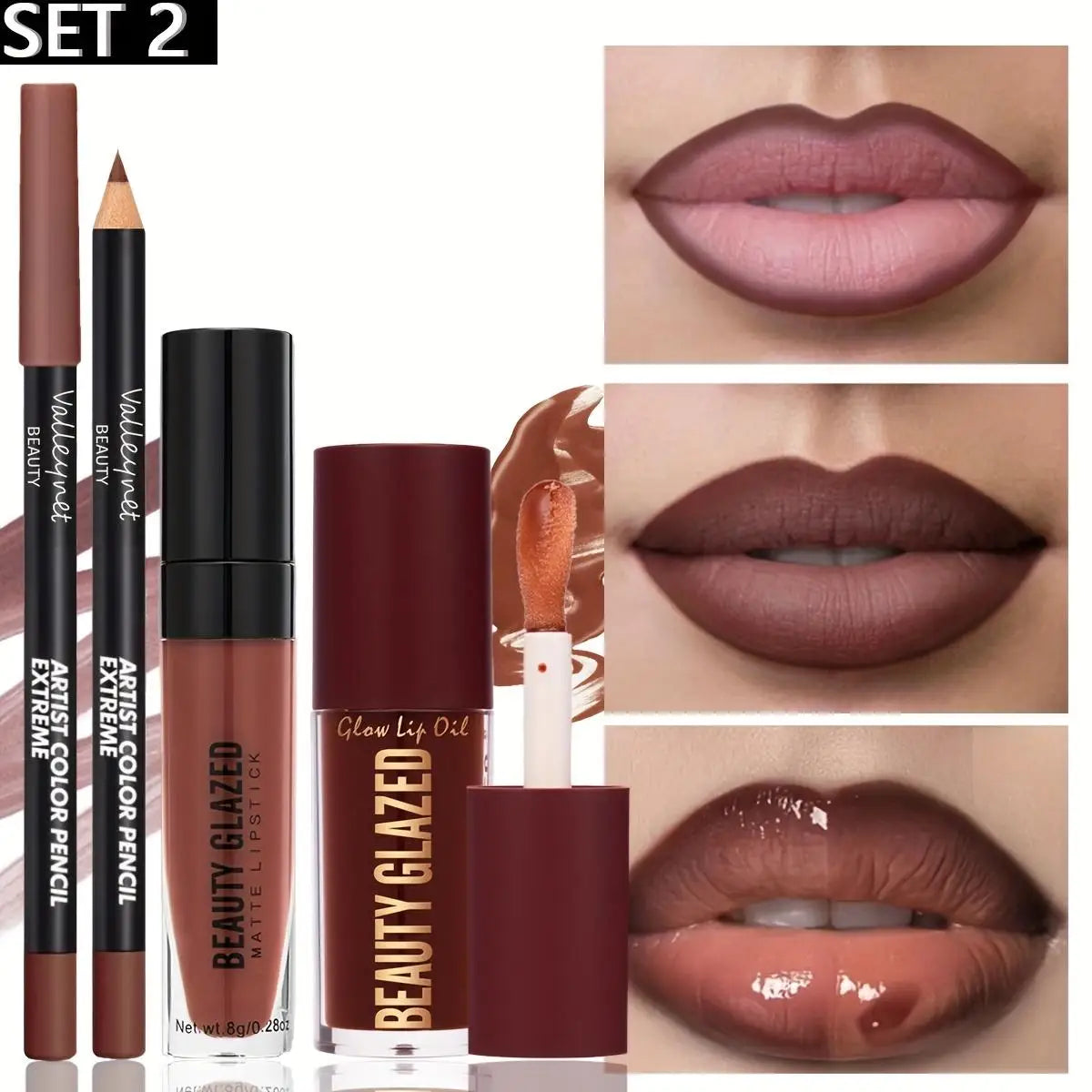 Set de maquillaje de 3 piezas: delineador de labios mate + brillo labial + aceite labial hidratante, de larga duración y fácil aplicación, resistente al agua y al sudor.