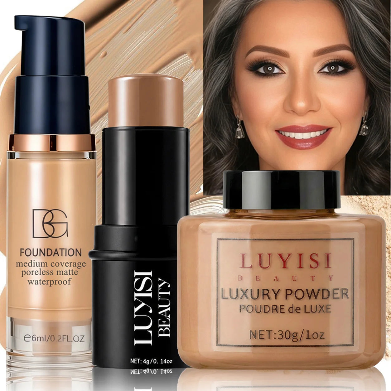Set de maquillaje facial: 1 base mate, 1 barra de contorno y 1 polvo matificante (control de grasa); cobertura total, resistente al agua y al sudor.