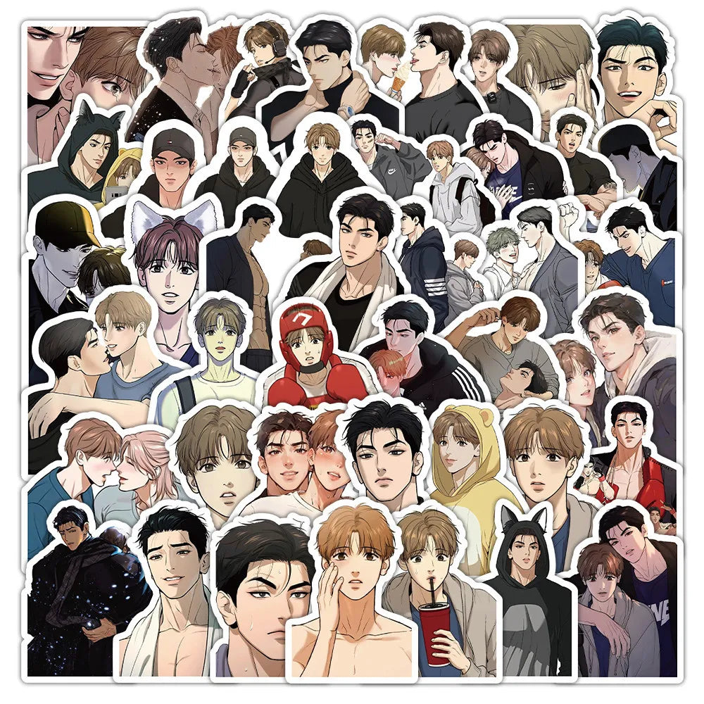 Pack de 53 pegatinas de anime (temática BL/Boys' Love) resistentes al agua; ideales para cascos, bicicletas, diarios, estuches y más.