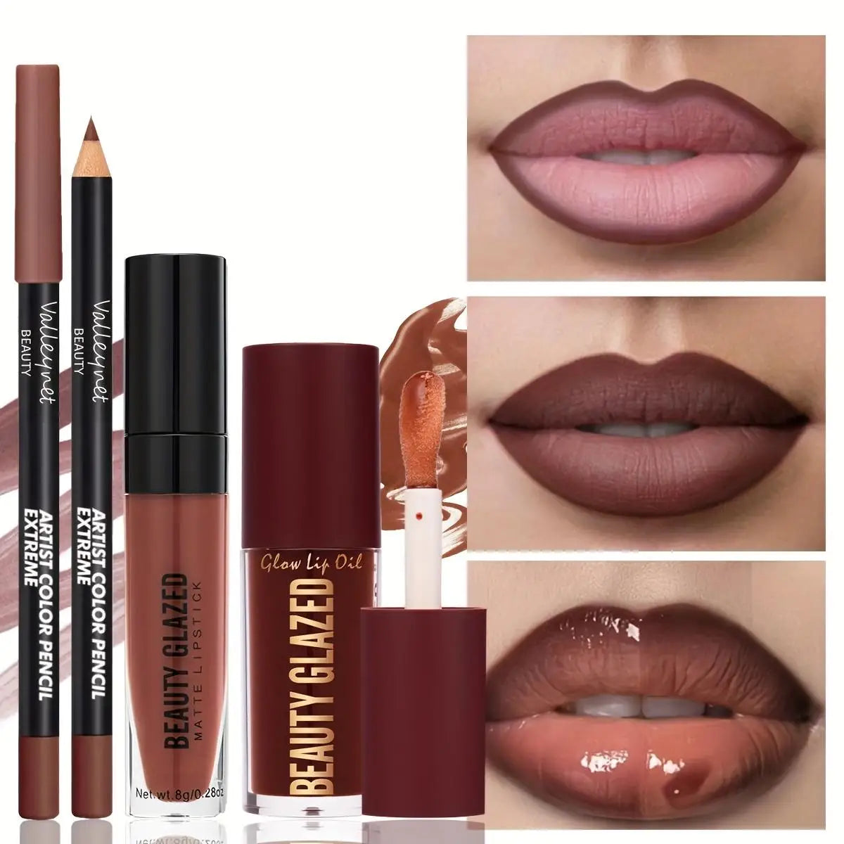 Set de maquillaje de 3 piezas: delineador de labios mate + brillo labial + aceite labial hidratante, de larga duración y fácil aplicación, resistente al agua y al sudor.