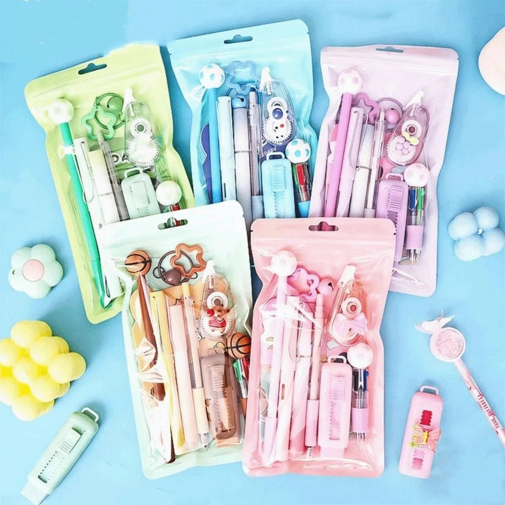 Kit de regalo de papelería escolar con temática de dibujos animados: incluye bolígrafos de 6 colores, notas adhesivas, goma de borrar y estuche de gran capacidad.