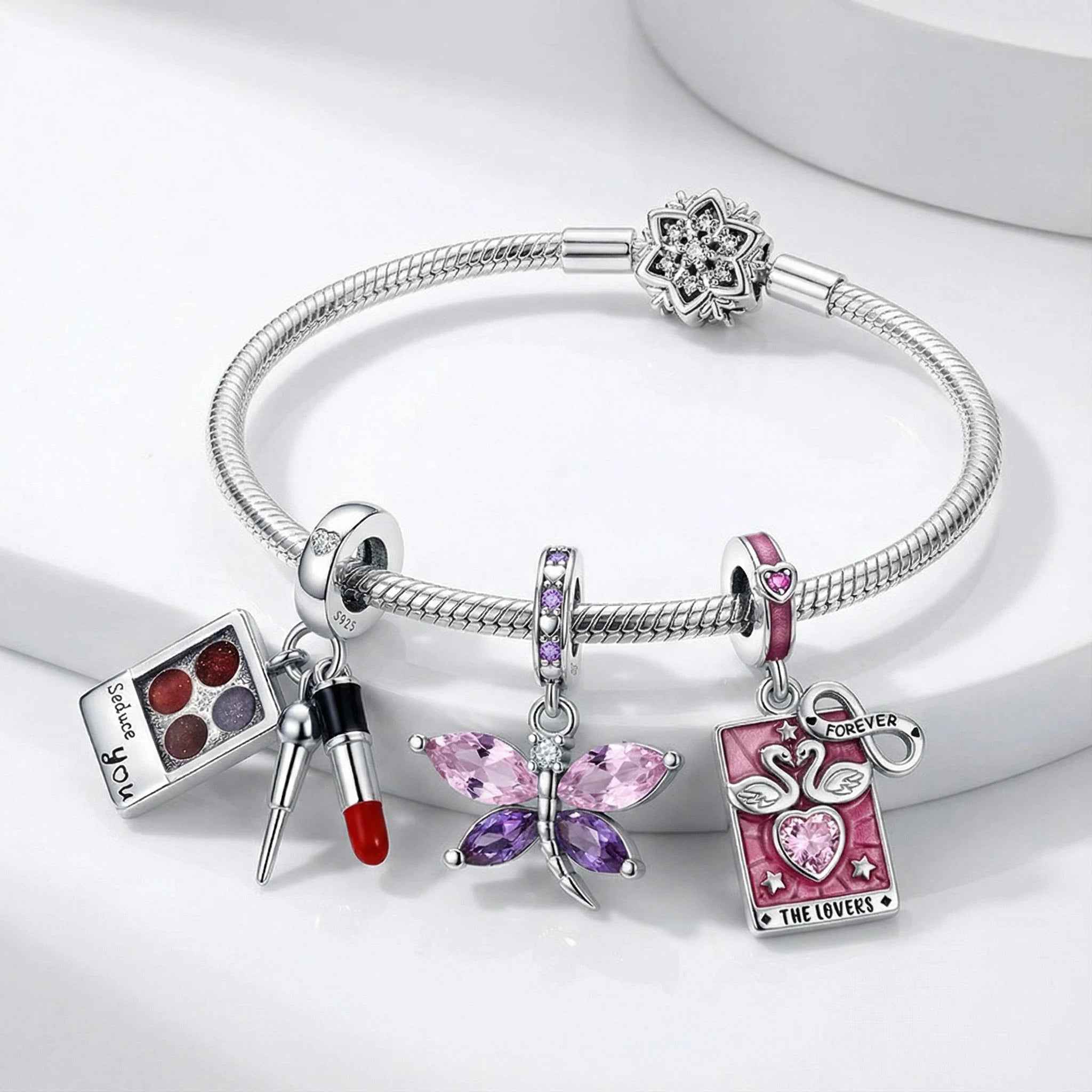 Colgante de plata de ley 925 con forma de estuche de maquillaje y circonitas; compatible con pulseras y collares DIY; regalo para ella.