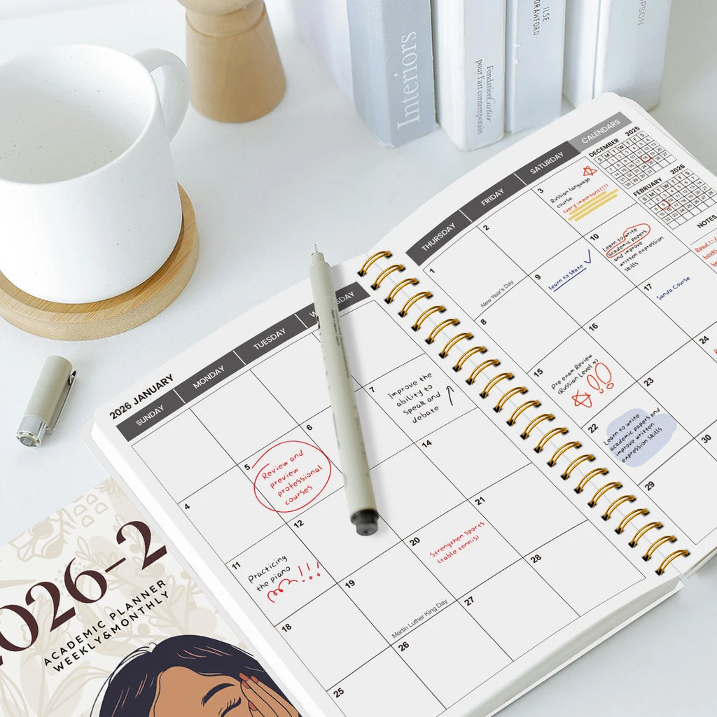 Agenda semanal y mensual A5 2026-2027 – Organizador de espiral de enero de 2026 a diciembre de 2027 con calendario y notas; material escolar y de oficina