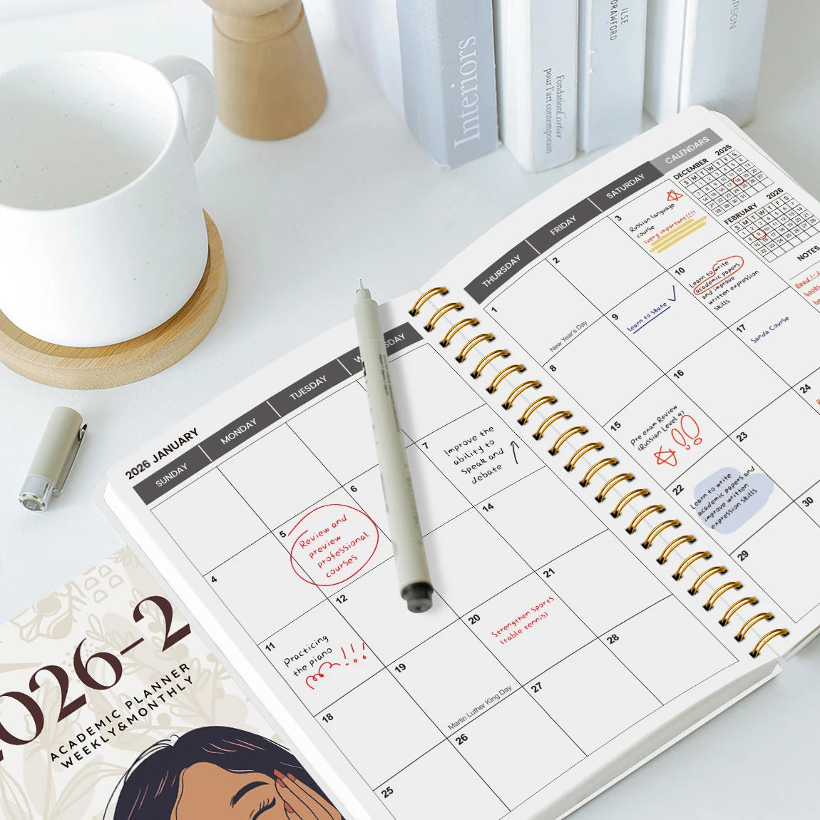 Agenda semanal y mensual A5 2026-2027 – Organizador de espiral de enero de 2026 a diciembre de 2027 con calendario y notas; material escolar y de oficina